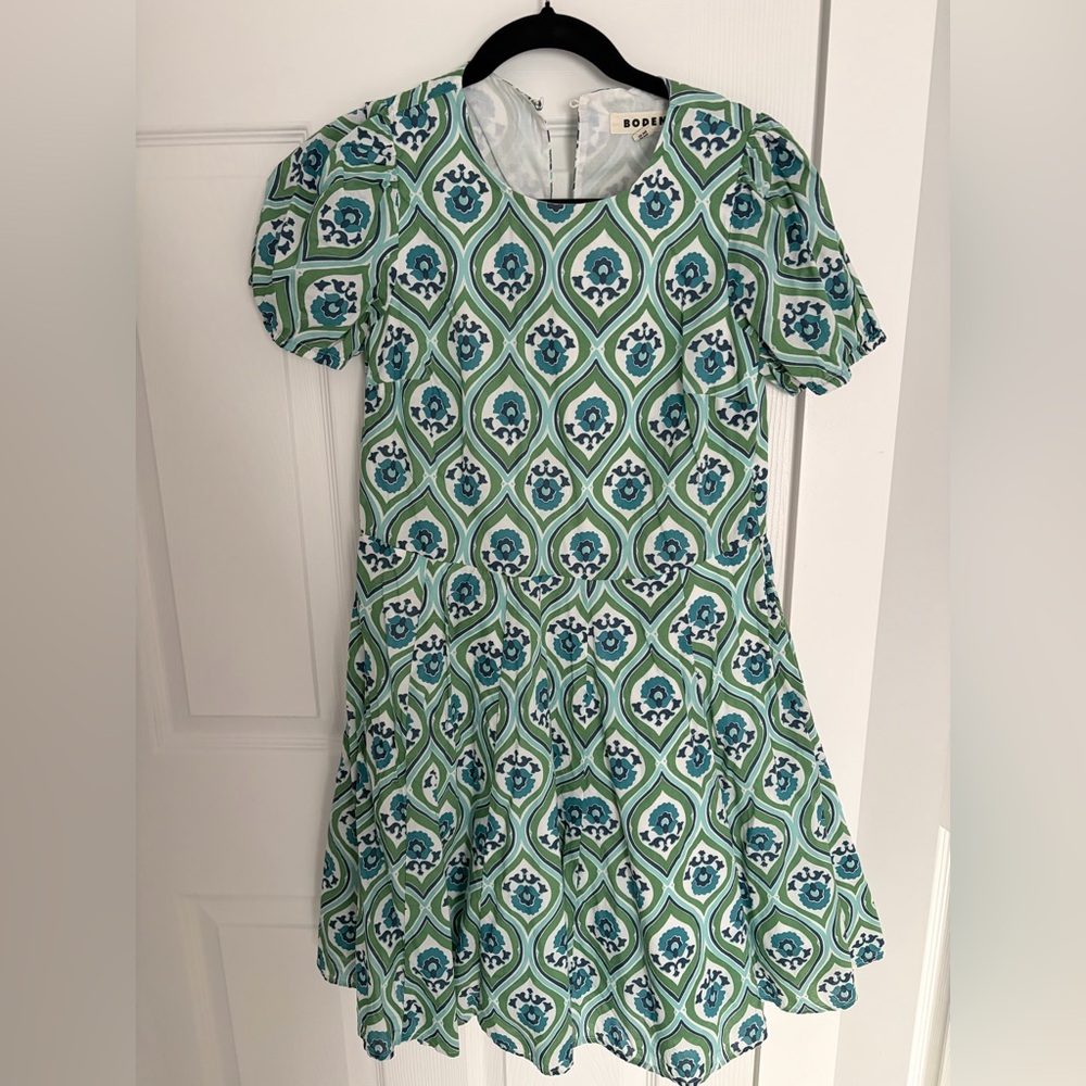 Boden Green & Teal Geometric Flower Kids Dress